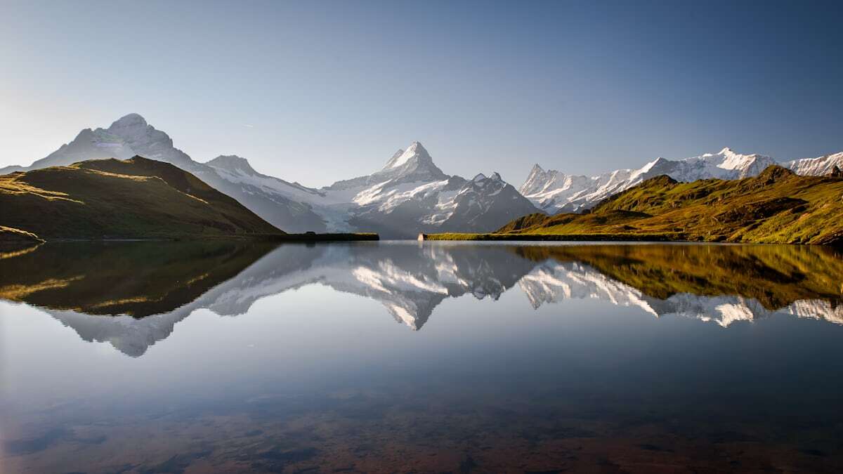 Bachalpsee lake mirroring snow peaks near Grindelwald-First
