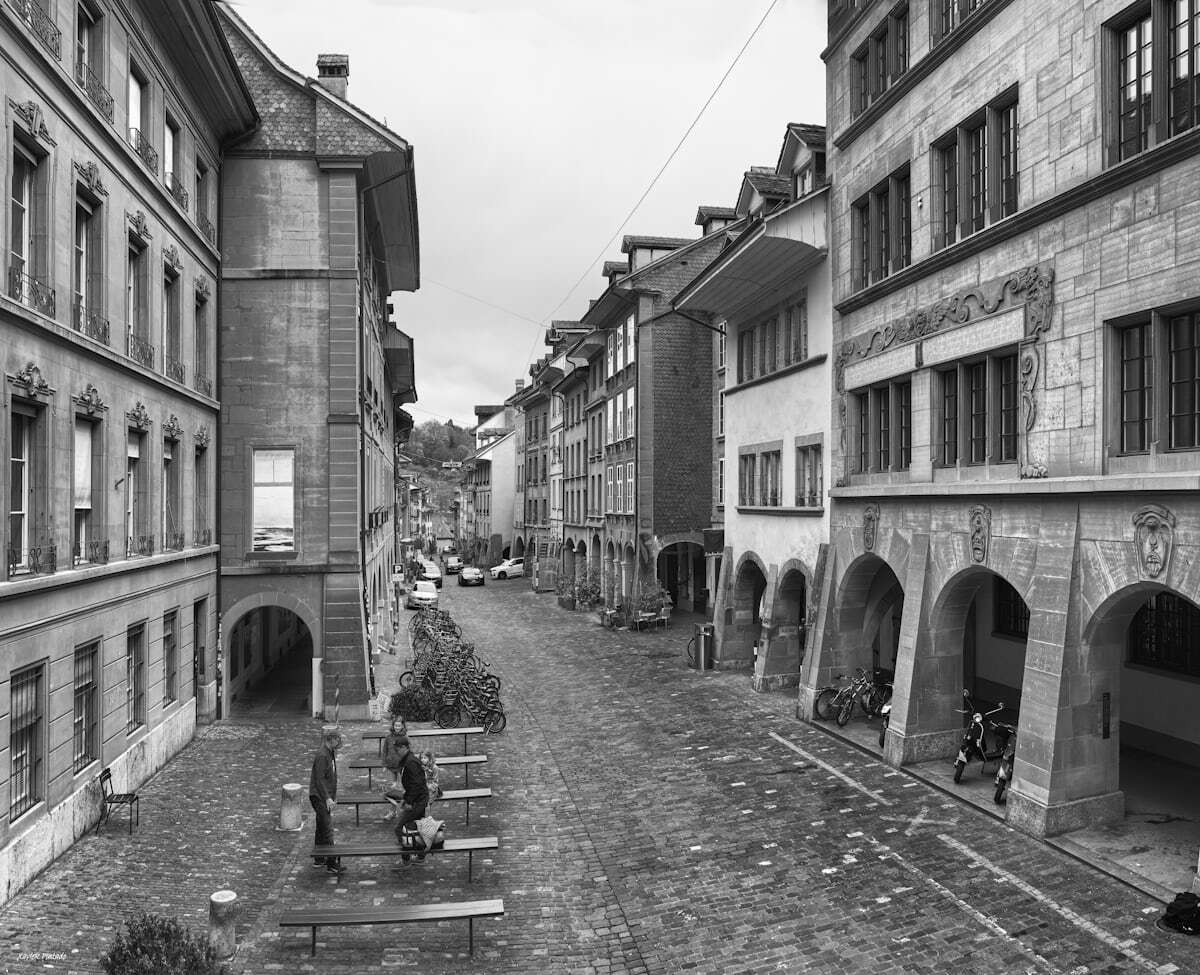 Bern's medieval old town rooftops inside a bend of the green Aare river