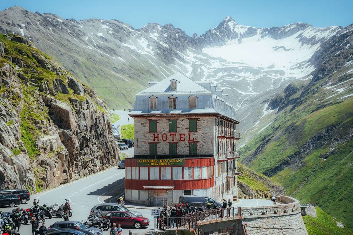 Hairpin bends of the Furka Pass road winding through the Alps