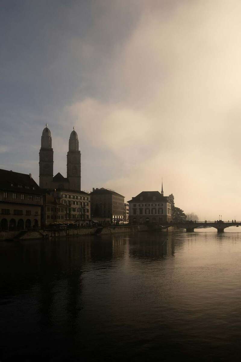 Zurich old town and church spires along the Limmat river