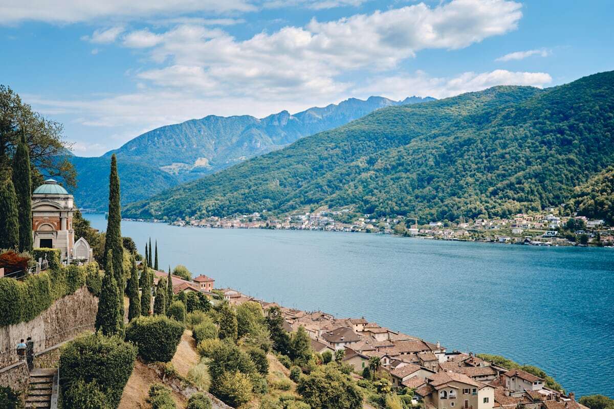 Lakefront village of Morcote with hillside church on Lake Lugano