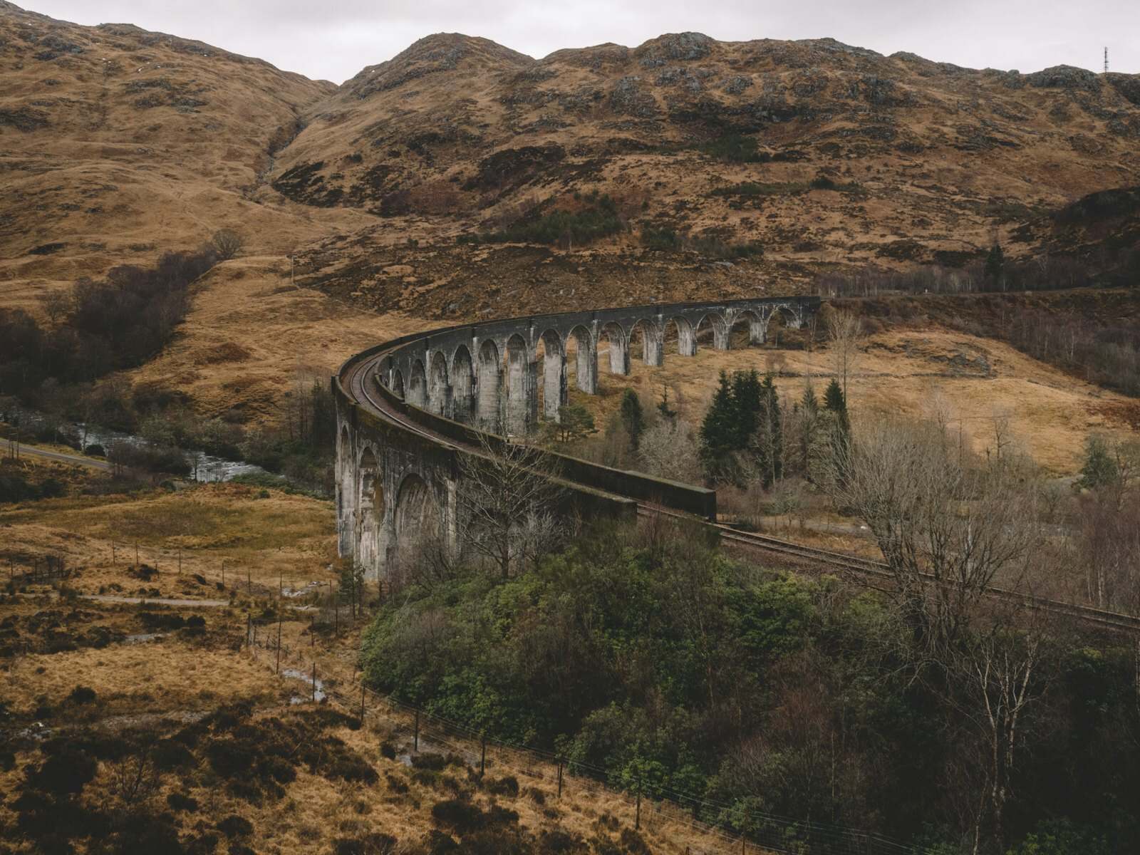 A train crossing a railway bridge in the Swiss mountains